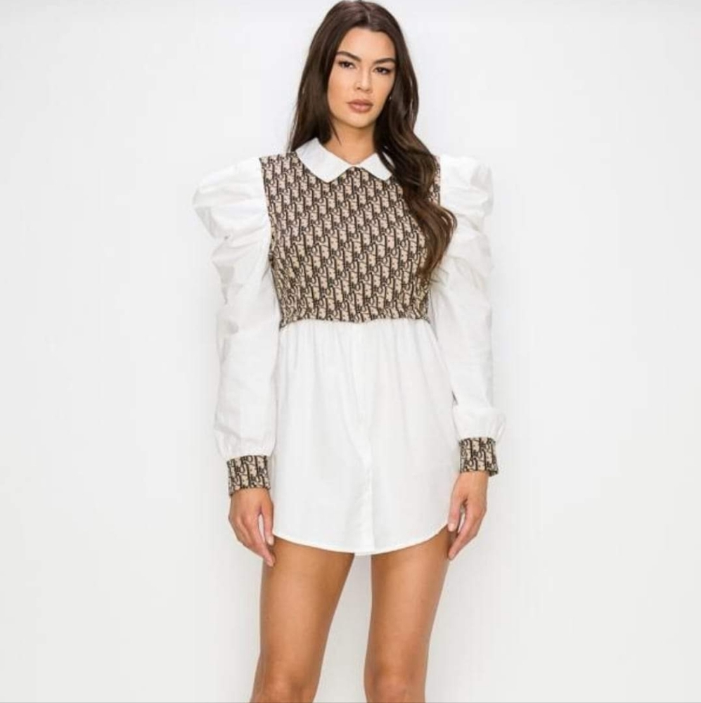 Elegant long puff sleeve blouse, size M, White and Brown color